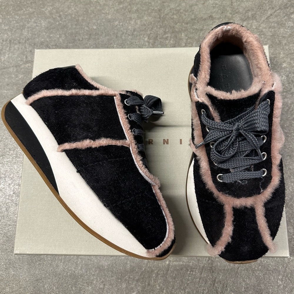 Marni Black and Pink Shearling Platform Sneakers